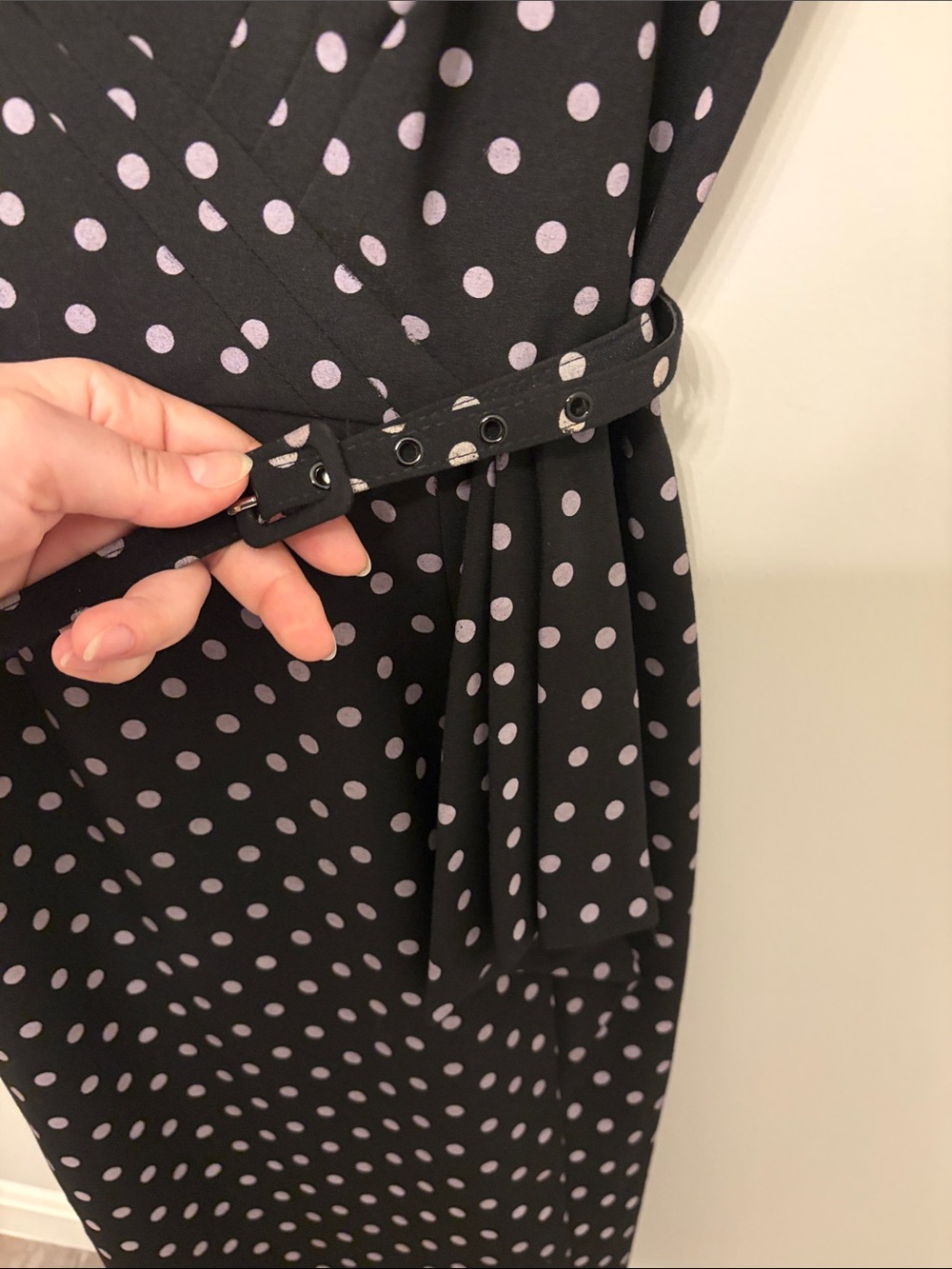 Stop Staring Black Midi Dress with Blush Pink Polka Dots and Waist Tie - Picture 4 of 4